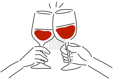 Manos de la gente brindando con vino dibujo a mano ilustración, vector