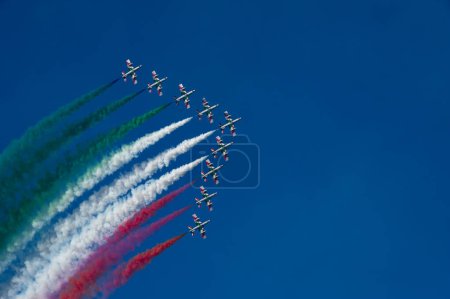 Photo for Air show Frecce Tricolori 2022 in Punta Marina, Ravenna, Italy, 2022-06-19, Italian flag in the air. - Royalty Free Image