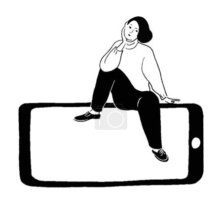 Linienzeichnung einer Frau, die auf einem Handy sitzt und denkt