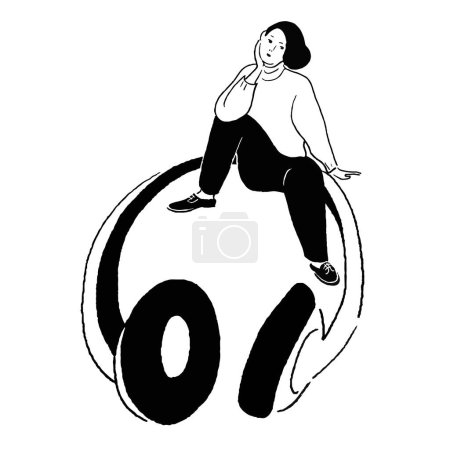 Ilustración de Dibujo en línea de una mujer sentada en auriculares pensando - Imagen libre de derechos