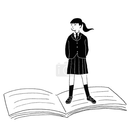 Ganzkörper-Vektor-Linienzeichnung eines Buches und eines Highschool-Mädchens