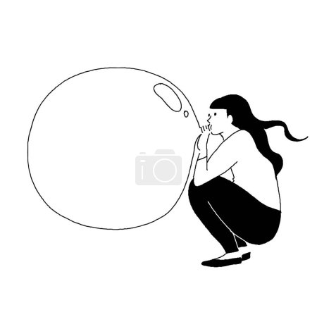 Téléchargez les illustrations : Dessin au trait d'une femme gonflant un ballon - en licence libre de droit