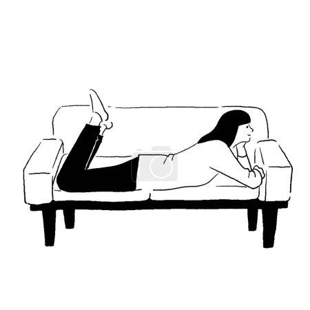 Téléchargez les illustrations : Illustration vectorielle d'une femme se relaxant sur un canapé - en licence libre de droit
