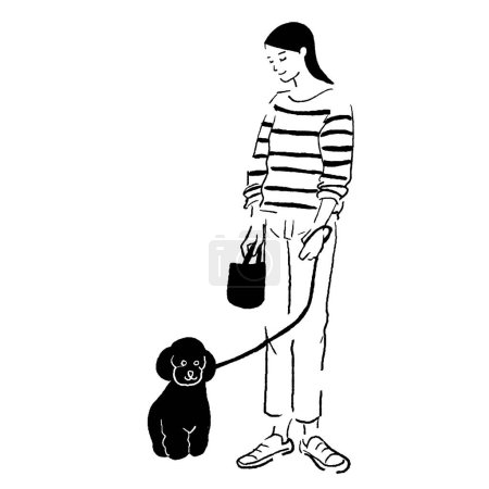 Téléchargez les illustrations : Illustration vectorielle de dessin au trait d'une femme promenant son chien - en licence libre de droit