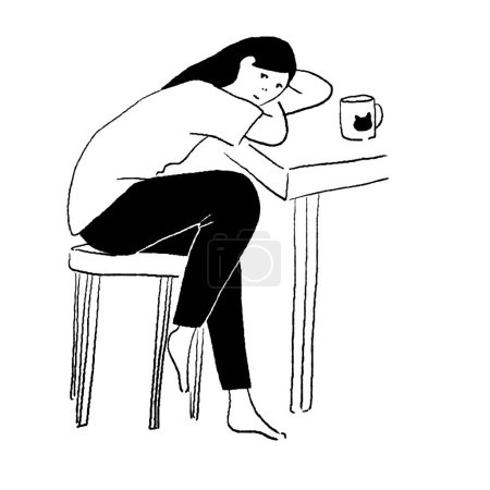 Line drawing vector illustration of a woman being held by a desk