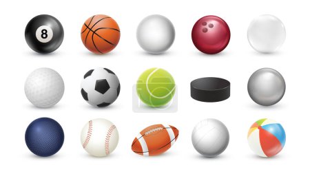 Realistic sports balls vector set. Illustration of soccer and baseball, football game and tennis ball isolated on white background EPS10