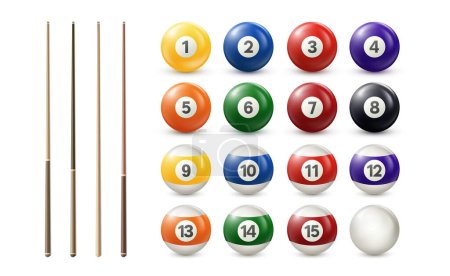 Billiard, pool balls with numbers and cues collection. Realistic glossy snooker, lottery ball isolated on white background. Vector illustration