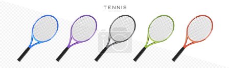 Illustration for Tennis rackets vector realistic illustration. Sports equipment icons. Badminton rackets set in different colors - Royalty Free Image