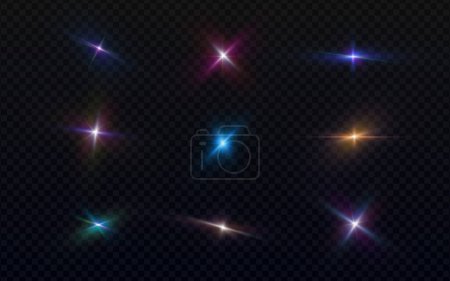 Set of realistic light glare, bright lens flares, neon highlight. Lighting effects collection of flash. Multi colored glitter shining stars, glowing sparks isolated on transparent background. Vector EPS10