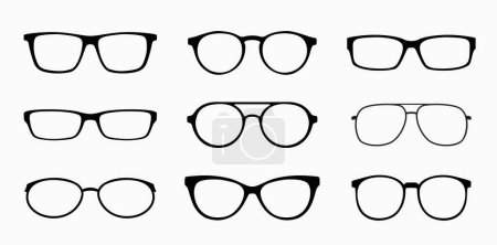 Téléchargez les illustrations : Icônes de modèle de lunettes vectorielles. Ensemble de silhouettes de lunettes. Lunettes de soleil noires différentes formes isolées sur fond blanc - en licence libre de droit