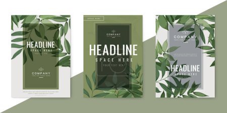 Posters set with green leaves. Design template for company organic bio logo, natural and eco products, cosmetic, pharmacy, medicine. Vector EPS10