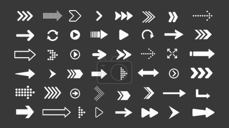 Illustration for Vector arrow icons set. Collection of white arrows icons. Different cursor icons in flat style isolated on black background - Royalty Free Image