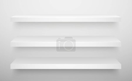Illustration for White shelf mockup. Empty shelves template. Realistic bookshelf design. Home interior elements on a wall. Modern horizontal shelf. Vector illustration - Royalty Free Image