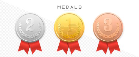 Illustration for Gold, Silver, Bronze medals set Vector. Metal realistic badge with First, Second, Third placement Achievement. Round Label With Red Ribbon. Winner Prize. Competition Trophy - Royalty Free Image