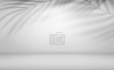 Vector abstract background with white wall and shadow overlay of palm leaves silhouette. Sunlight effect in a room for product display advertisement. Mockup template