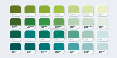 Téléchargez les illustrations : Palette Guide des couleurs verte avec noms de couleurs. Catalogue Échantillons Vert avec RGB HEX. Néomorphisme vecteur - en licence libre de droit