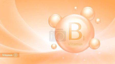Illustration for Vitamin B1 vector banner with drop bubbles. Medical poster of vitamin B complex. Health and beauty care. Nutritional supplements - Royalty Free Image
