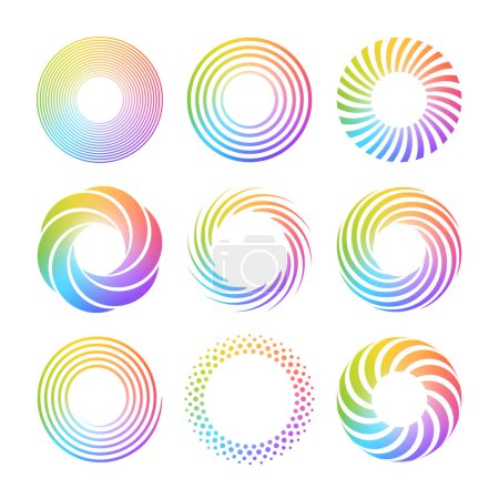 Ensemble de spirales simples. Formes abstraites tourbillonnantes avec dégradé multicolore. Des cercles tordus. Éléments de design d'été. Icônes vectorielles isolées