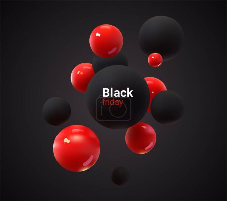 Ilustración de Imagen abstracta en negro y rojo de esferas voladoras. Conjunto de bolas realistas, 3d y burbuja, ilustración vectorial. Fondo futurista para su diseño. - Imagen libre de derechos