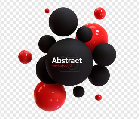 Ilustración de Imagen abstracta en negro y rojo de esferas voladoras. Conjunto de bolas realistas, 3d y burbuja, ilustración vectorial. Fondo futurista para su diseño. - Imagen libre de derechos
