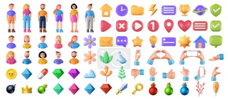 Ilustración de Big vector collection of 3d colorful icons in cartoon style. 3d render of people, objects and nature. Isolated icons on a white background. Ui for your design. - Imagen libre de derechos