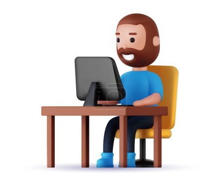 Illustration for 3d cartoon character with computer, study or work. Casual man with icons set. Vector illustration on the theme of the developer. - Royalty Free Image
