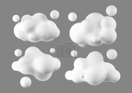 Ilustración de 3d render colección de nublado, conjunto de nubes vectoriales sobre fondo blanco aislado, elemento de diseño, iconos de la naturaleza. - Imagen libre de derechos