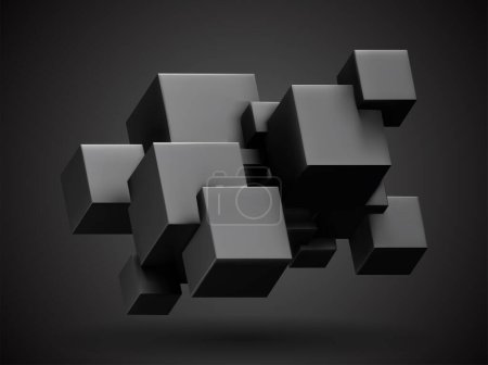 Ilustración de 3d renderizado de cubos negros conjunto, fondo geométrico abstracto con espacio libre para el texto, ilustración vectorial. - Imagen libre de derechos
