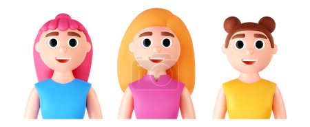 Illustration for Set of 3d portraits of happy people on a white background. Cartoon characters woman and man, vector illustration. - Royalty Free Image