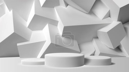 3D wektorowa ilustracja geometrycznego tła i stojaków cylindrycznych, podiów. Realistyczny renderowanie pokazać swoje produkty na białym tle.