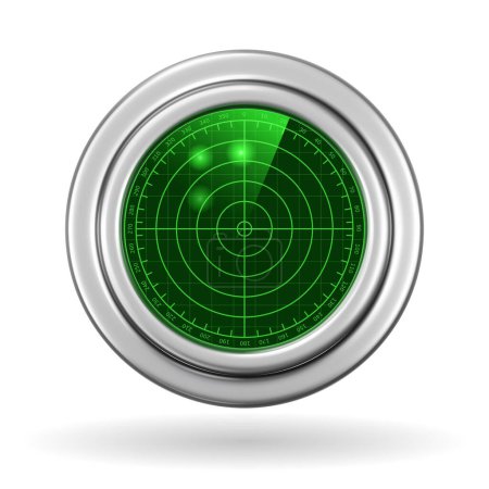 Illustration for 3d green radar. Vector render of realistic metallic radar with green display. Technological object for receiving a signal and searching for objects. - Royalty Free Image