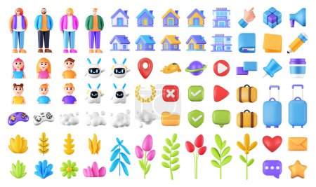 Illustration for Vector set 3d icons in cartoon style. 3d render of people, character, objects and nature. Isolated icons on a white background. Ui for your design. - Royalty Free Image