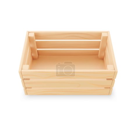 Illustration for 3d realistic wooden box for fruits and vegetables. Empty and open brown box with wooden texture. Isolated vector object on white background. - Royalty Free Image