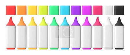 Illustration for 3d set of colored pen markers. Different shades of vector mock-up objects on a white isolated background. Diary or notepad tool. Realistic render. - Royalty Free Image