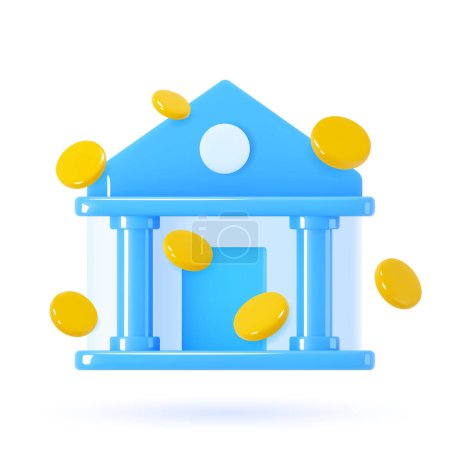Illustration for Bank 3d icon. Blue building, golden coins in flight isolated objects on white background. Vector illustration in cartoon style. Symbol of saving money and deposit. - Royalty Free Image