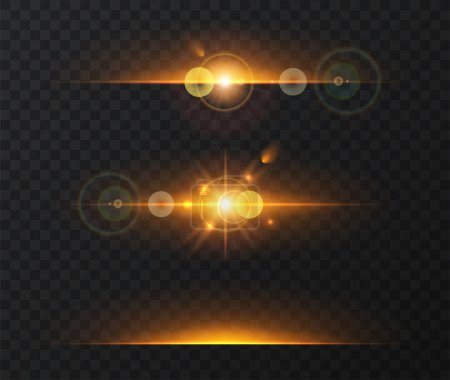 Illustration for Vector light effect set. Horizontal glowing lines of sunrise and laser glow effect on a dark transparent background. Glowing rays abstract elements. - Royalty Free Image