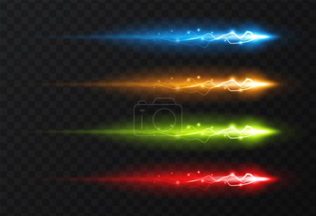 Illustration for Glow effect of shiny lines. Set of vector light stripes with lightning on a black transparent background. Neon color magic spell symbol of a fight in the game. - Royalty Free Image