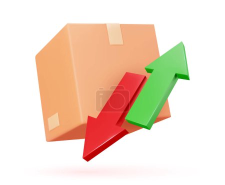 Illustration for Return parcel 3D icon. Vector illustration of box with arrow isolated objects on white background. Concept of online shopping and ordering goods. - Royalty Free Image