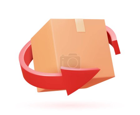 Illustration for Return parcel 3D icon. Vector illustration of box with arrow isolated objects on white background. Concept of online shopping and ordering goods. - Royalty Free Image