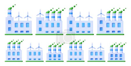 Illustration for 3d factory vector icon. Illustration of a building with pipes and smoke on a white background in cartoon style. Modern industrial eco house with green energy production. - Royalty Free Image