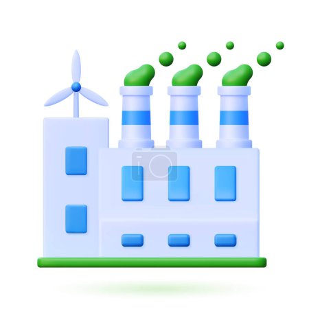 Illustration for 3d factory vector icon. Illustration of a building with pipes and smoke on a white background in cartoon style. Modern industrial eco house with green energy production. - Royalty Free Image