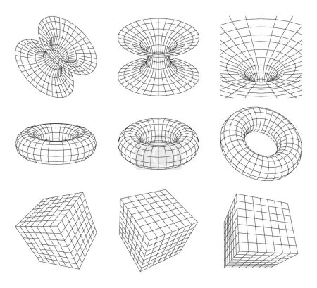 Illustration for Geometric 3D shapes. Set of vector mesh shapes made of lines and dots. Abstract elements symbol of technological progress and virtual reality. - Royalty Free Image