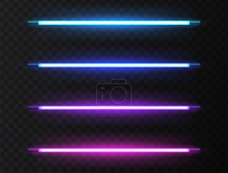 Illustration for Neon ultraviolet lamps. Vector illustration of realistic light. Symbol of modern fashion. Set of different color shades. Popular style, neon design. - Royalty Free Image