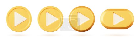 Illustration for 3D golden play button. Vector illustration of a gold object on a white isolated background. Yellow medal or coin. 3D render Interface icon. - Royalty Free Image