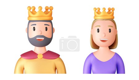 Illustration for 3d portraits of happy king and queen with gold crown on a white background. Cartoon characters woman and man, vector illustration. - Royalty Free Image
