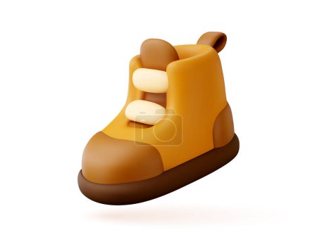 Illustration for 3D shoe icon. Childrens stylized boots in cardboard style. A sportswear item for legs while walking in a minimalist design. 3D render of an object in vector format on a white isolated background. - Royalty Free Image