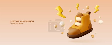Illustration for 3D shoe icon. Childrens stylized boots in cardboard style. A sportswear item for legs while walking in a minimalist design. 3D render of an object in vector format on a white isolated background. - Royalty Free Image