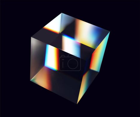 Illustration for Abstract 3d glass cube. Geometric figure in holographic color on a white background. Pink shape object and design element. - Royalty Free Image