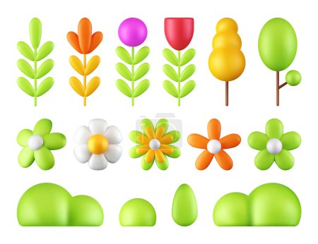 Ilustración de 3d render colección de plantas y nubes, conjunto de flores vectoriales sobre fondo blanco aislado, elemento de diseño, iconos de la naturaleza. - Imagen libre de derechos