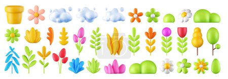 Ilustración de 3d render colección de plantas y nubes, conjunto de flores vectoriales sobre fondo blanco aislado, elemento de diseño, iconos de la naturaleza. - Imagen libre de derechos